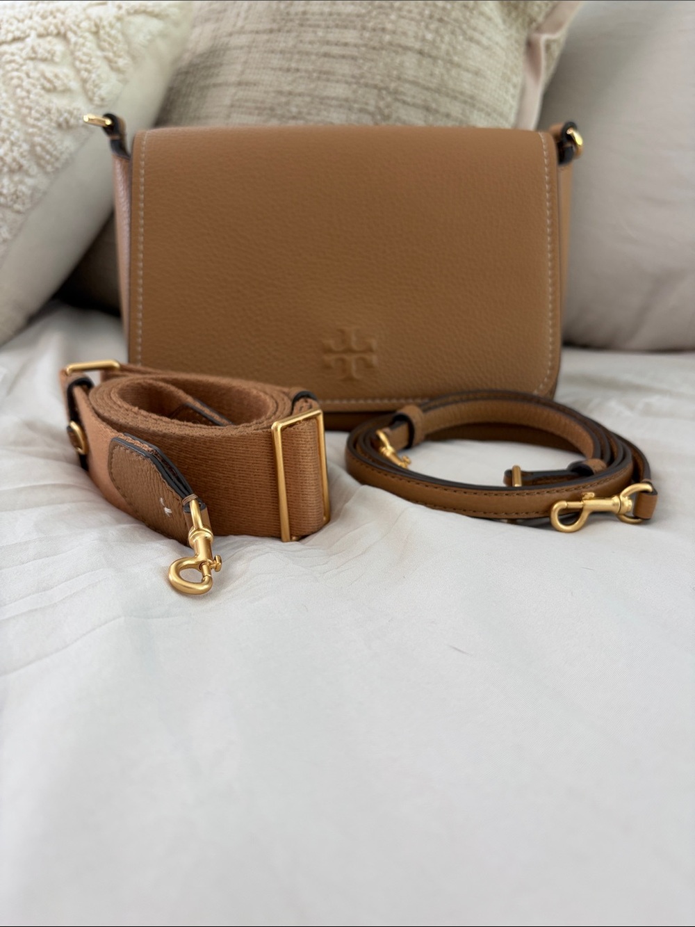 Tory Burch Thea Caramel Tan Pebbled Leather Crossbody with Gold Hardware